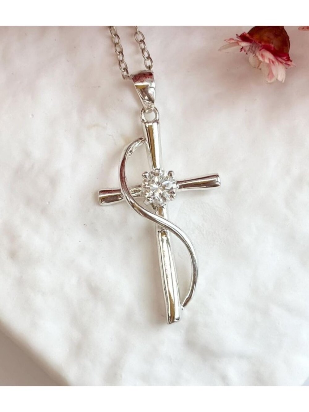 Modernist Cubic Zirconia Cross Sterling Silver 925 Vintage Pendant Necklace 16"